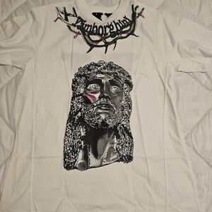 VLONE White Short-Sleeve Tee with Black Religious Portrait and Pink Accent